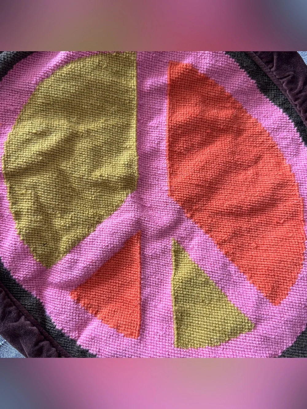 Jonathan Adler Wool & Cotton Needlepoint Peace Sign Round Accent Pillow Cover